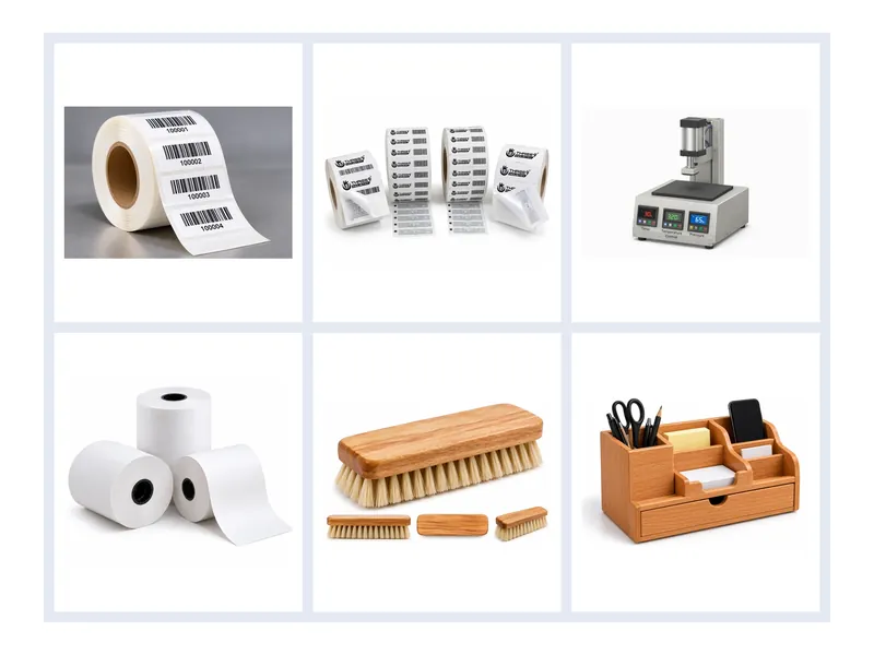 Products we manufacture: labels, RFID, machines, thermal rolls, brushes and wood products