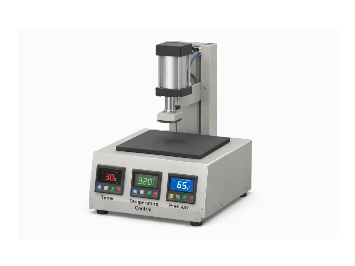 Pneumatic heat seal machine with timer, temperature and pressure controls