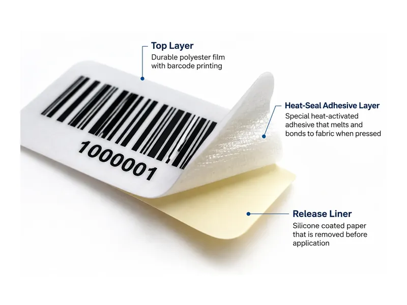 Heat-seal label construction: printed face, heat-activated adhesive, release liner