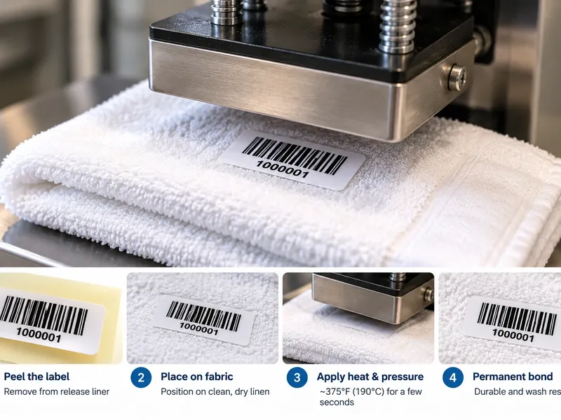 How to apply a heat-seal barcode label: peel, place, press
