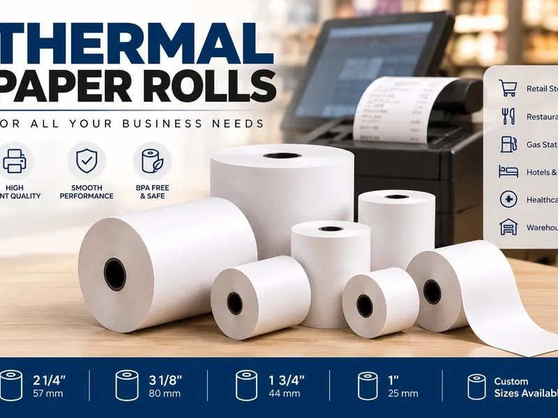 Thermal paper roll sizes: 2¼", 3⅛", 1¾", 1" and custom