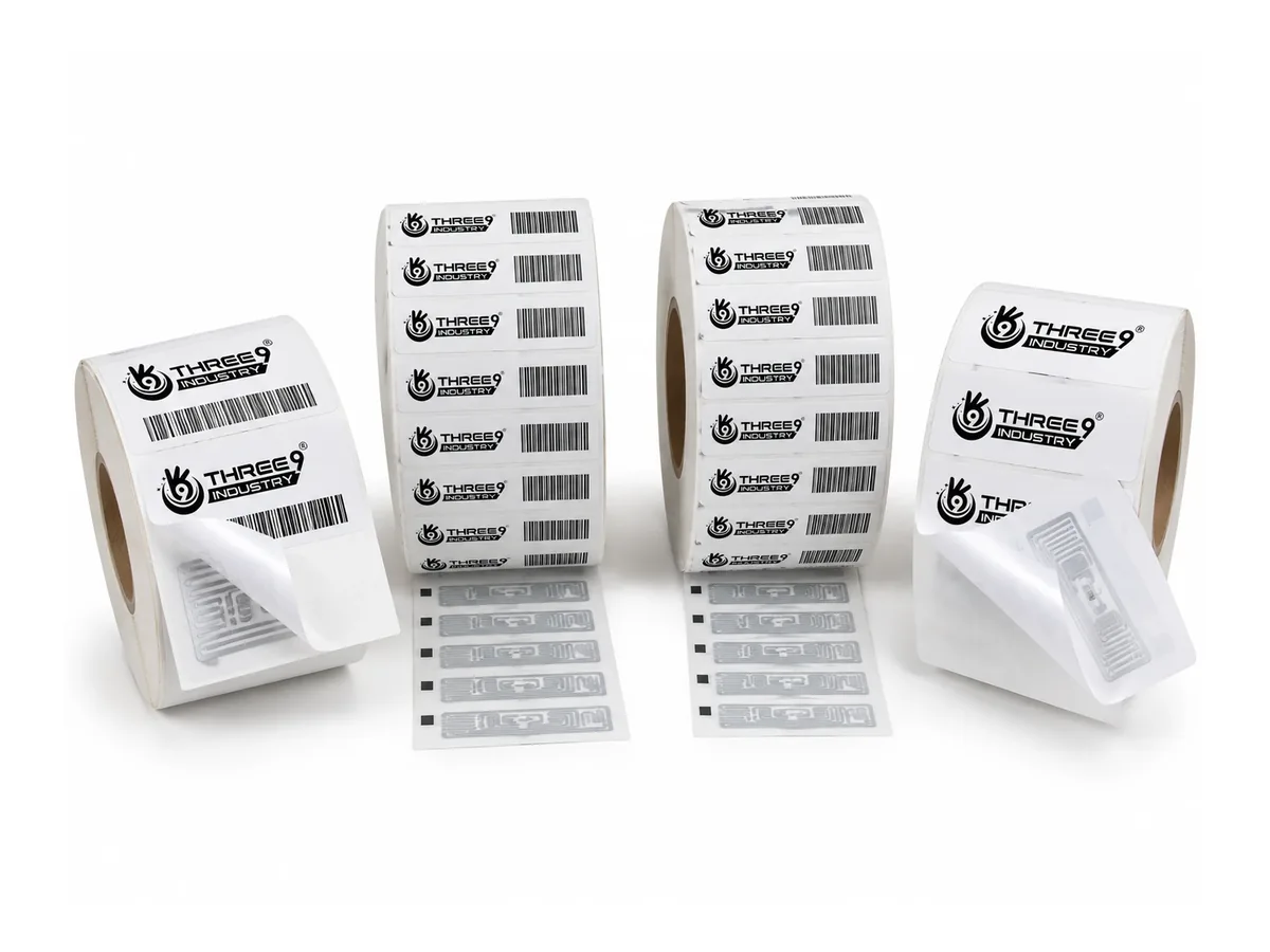 Three9 RFID label rolls with printed barcodes and UHF inlays